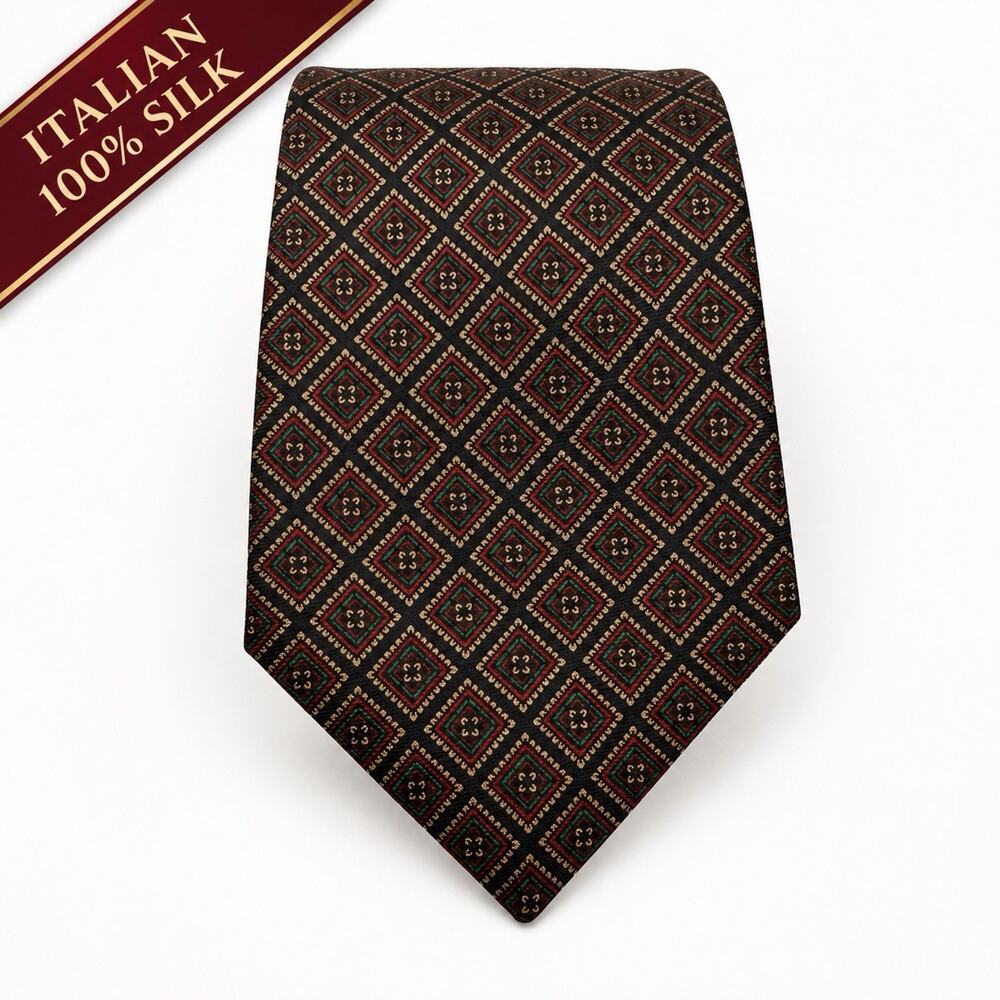 Italian 100% Silk Neck Tie Hand Made in Italy Geometric Brown Orange Beige Green